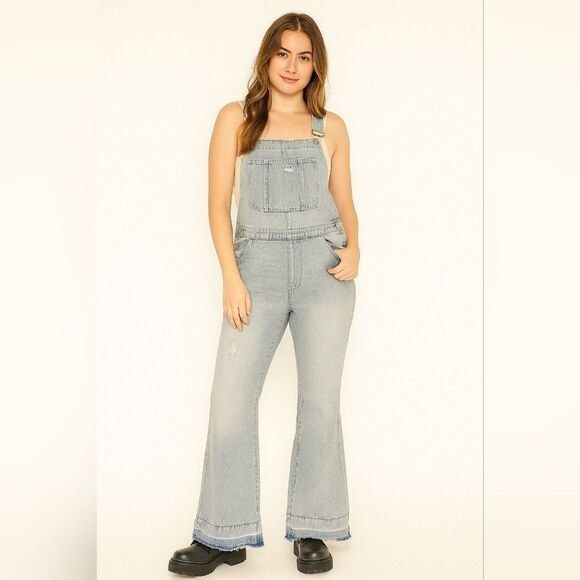 Distressed Flare Overalls Light Wash Denim Juniors M Wide Leg 2000s Y2K - Picture 1 of 10